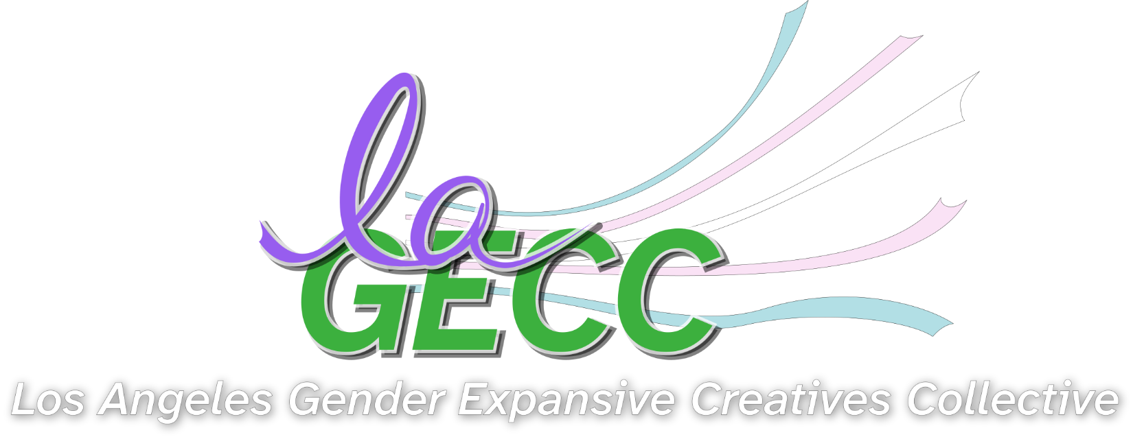 LAGECC logo, consisting of the lowercase letters LA in purple script over GECC in green capital letters, with five ribbons in trans pride colors in the background